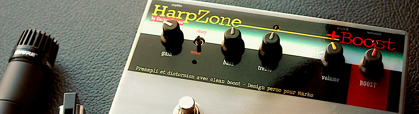 HarpZone, stompboxes, adaptation de la célèbre Metal Zone à l'harmonica