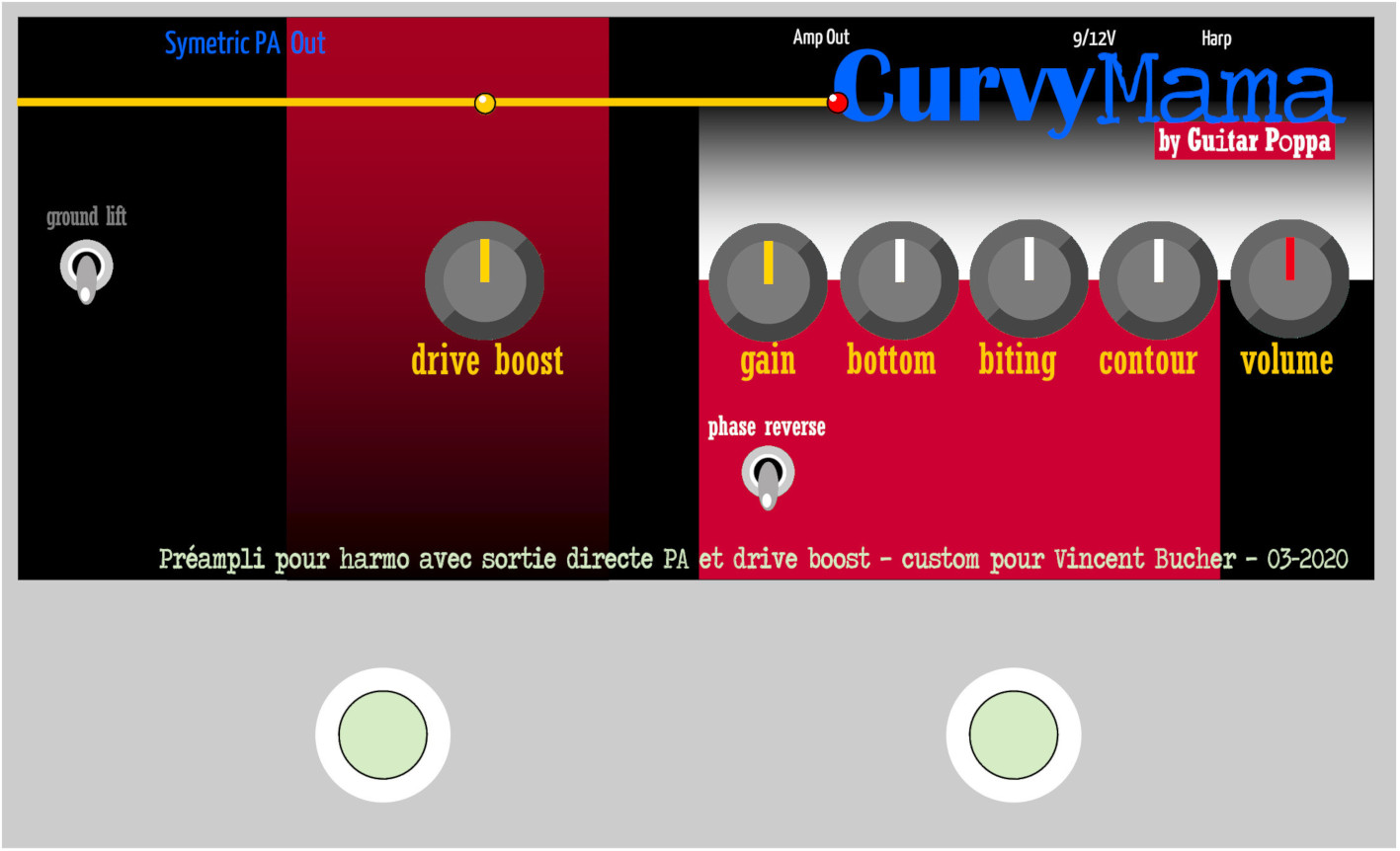 CurvyMama SimSym Output, préampli spécial harmo avec simulateur de HP et sortie symétrique pour liaison directe avec la sono - intérieur